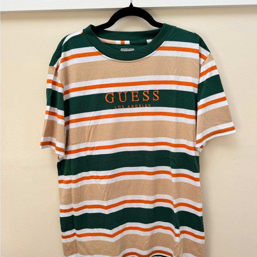 Guess Green and Tan Short Sleeve Tee with Stripes